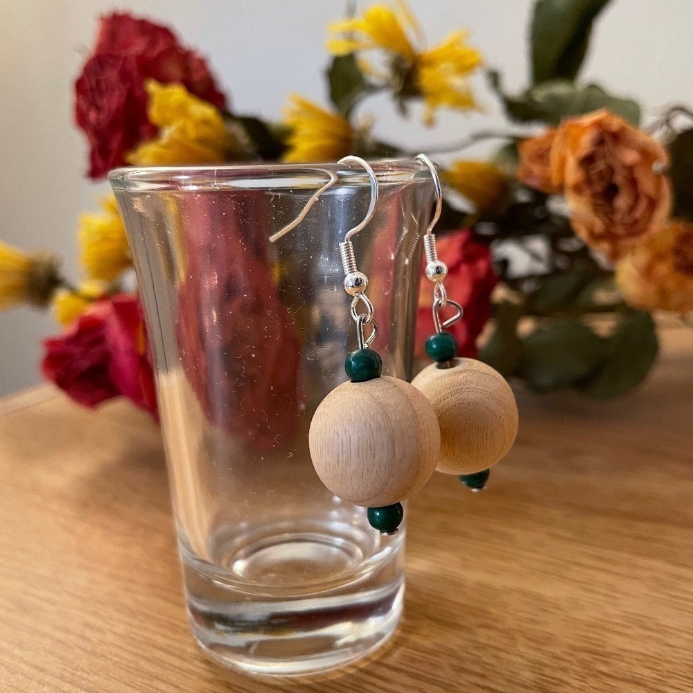 Green Wood Beaded Earrings